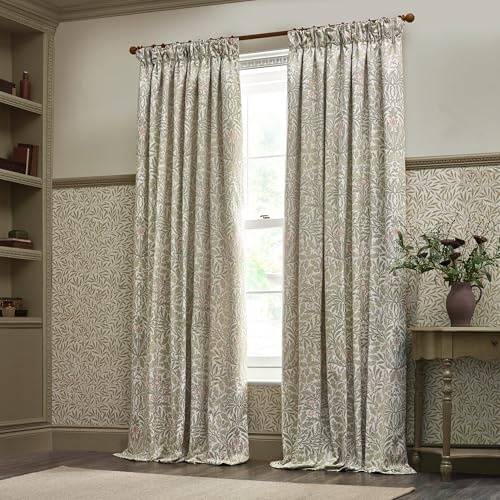 Morris&Co Acorn Pencil Pleat Curtain Pair – Lined Jacquard Chenille with Botanical Floral Heritage Design (Stone/Sage - 229x229cm)