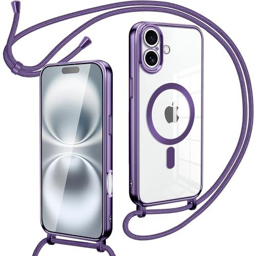 Oelrstfe Funda Magnética Transparente con Cuerda para iPhone 17,Carcasa Suave Silicona Case Antichoque con Correa Colgante Ajustable Collar Correa de Cuello Cadena Cordón para iPhone 17-Morado