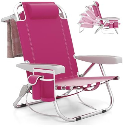 GOPLUS Silla Playa Plegable, Silla de Camping Ligera con Respaldo Ajustable en 5 Posiciones, Barra para Toallas, Portavasos, Almohada, Correas, Tumbona Exterior Reclinable, Carga 150 kg (Rosa,1)