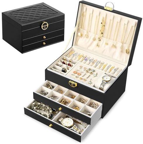 Ninonly Schmuckkästchen Ohrringe mit 3 Ebenen Schmuckkästchen für Damen Mädchen PU-Leder Schmuckaufbewahrung Ohrringe für Ringe Armbänder Halskette Mit Schloss und Schlüssel Schwarz