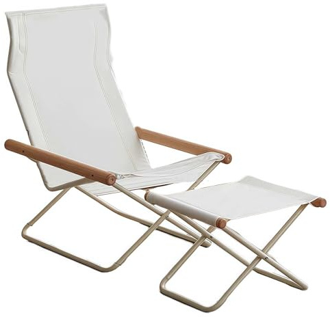 Klappstühle für den Außenbereich, massives Buchenholz und 600D-Canvas, breiter Liegestuhl, faltbar, lässiger Campingstuhl, Outdoor-Stuhl für Strandstuhl, Outdoor, Camping, Picknick, weiß, mit Pedalen
