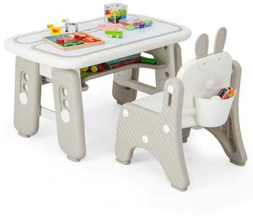 COSTWAY Kindertisch mit Stuhl, Kindersitzgruppe mit Stauraum, Kinder Tisch höhenverstellbar mit aufklappbarem Bücherregal & magnetischem Zeichenbrett, Maltisch für Kinder ab 1 Jahr