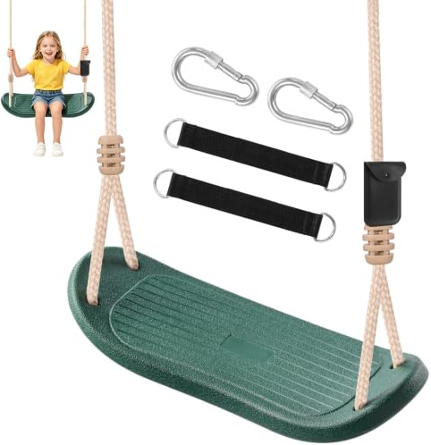 Hryniiex Kinderschaukel Schaukelsitz Outdoor Grün mit verstellbaren Seil | Höhenverstellbar, Rutschfest, Kunststoff, Schaukelbrett mit 2m Seil & 2 Baumgurten & 2 Karabinern, Tragfähigkeit bis 120 kg