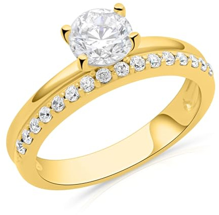Tony Fein Solitärring 3,5 mm 585er Vergoldet Hochglanzpoliert Zirkonia Steine Weiß Made in Italy
