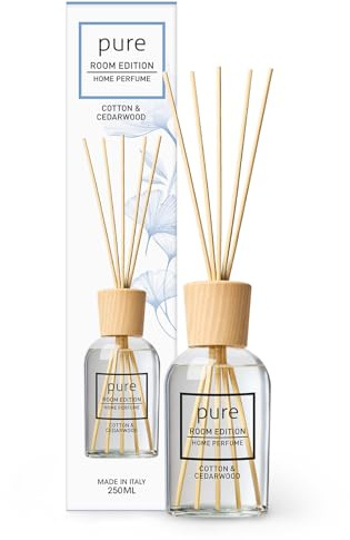 PURE ROOM EDITION 250ml Baumwolle & Zedernholz Raumduft | natürliche Inhaltsstoffe, vegan & tierversuchsfrei, Bio-Alkohol, Diffuser mit Stäbchen hergestellt in Italien