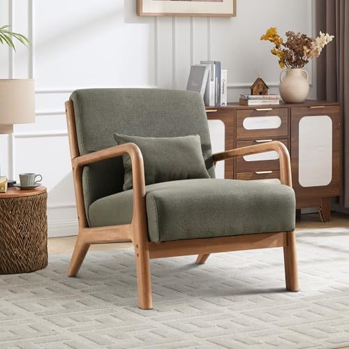 EBELLO Accent Sessel mit Kissen,Holzrahmen,gepolstert, Grün | Sessel mit Armlehnen,Ohrensessel,Lesesessel,Wohnzimmersessel,Mid‑Century Stil,max.150kg Belastung Erwachsene,Wohnzimmer