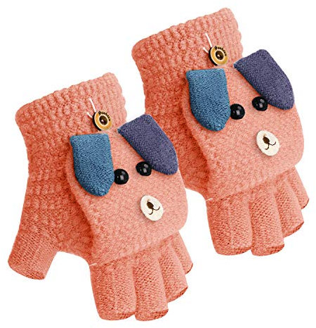 JIAHG Kinder Halbfinger Handschuhe Fingerlose Fäustlinge Mädchen Winter Cartoon Fingerhandschuhe Strickhandschuhe Thermohandschuhe mit Klappe