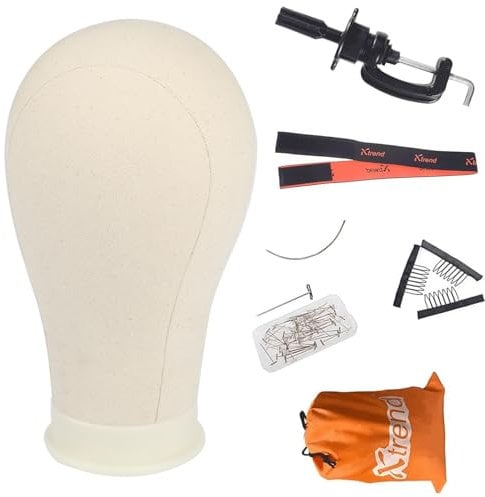 XTREND 21-24 Canvas Wig Head Poly Manikin Head for Making/Drying/Styling Wigs Model Training Head Professional Mannequin Head with 20 Pcs T Pins and Clamp Stand 23 Inch