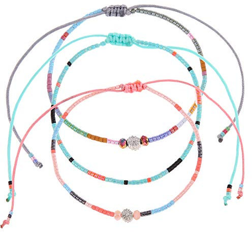 Made by Nami Perlen Fußkettchen 3er Set Damen & Mädchen - 3x Surfer Fußkette Boho Ethno Style - 100% Wasserfest & Verstellbar - Bunte Fussketten Fußband Festival Accessoires (Blumen)