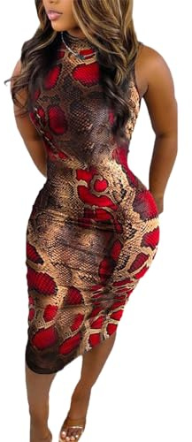 ECHOINE Frauen Sexy Blumendruck V-Ausschnitt Langarm Front-Reißverschluss Stretchy Bleistift Midi Bodycon Kleid Büro Arbeit mit Gürtel, Schlange, Klein