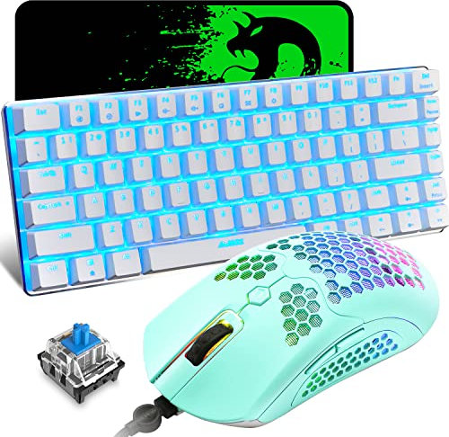 ZIYOU LANG - Teclado mecánico para juegos y mouse combinado de teclado retroiluminado LED azul, 12000 DPI RGB ligero para juegos con carcasa de panal, alfombrilla de mouse grande para PC con Windows