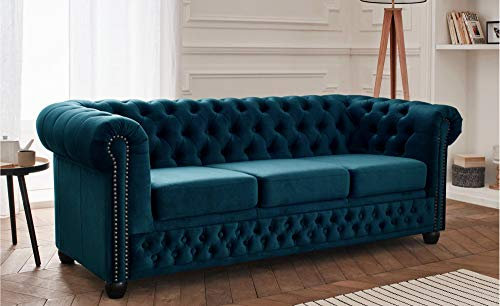 Lisa Design - Canapé Chesterfield William en Velours - Sofa Bleu Canard 3 Places - Salon Chesterfield