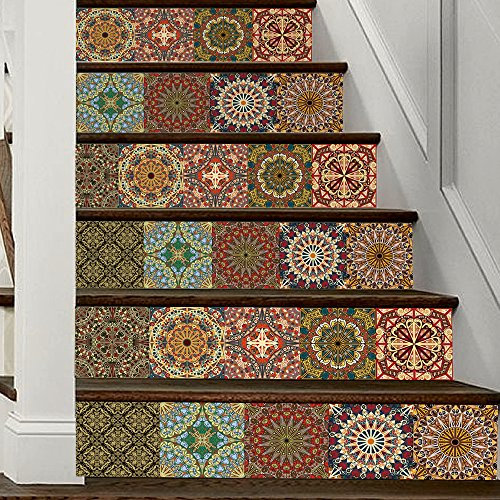 Treer 3D Marokkanischer Stil Treppenaufkleber, Selbstklebend PVC Wasserdicht Abnehmbare Sticker Treppe Aufkleber DIY für Renovierten von Treppe, Schritt, Bodenfliesen (Ocker,100x18cm*6Stück)