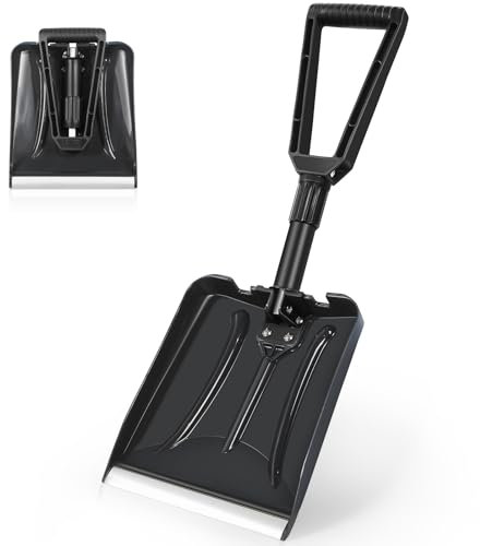 SHANTRA Klappbare Schneeschaufel mit robuster Aluminiumkante und D-Griff, Notfall-Schneeschaufel für Auto, LKW, Freizeitfahrzeuge usw. (Schwarz, Klinge 22,9 cm)