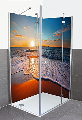 ARTland Duschrückwand Eck mit Motiv Alu Rückwand Dusche Bad Verkleidung wasserfest Duschwand Größe personalisiert 2 Segmente Sonnenuntergang und das Meer S7LE