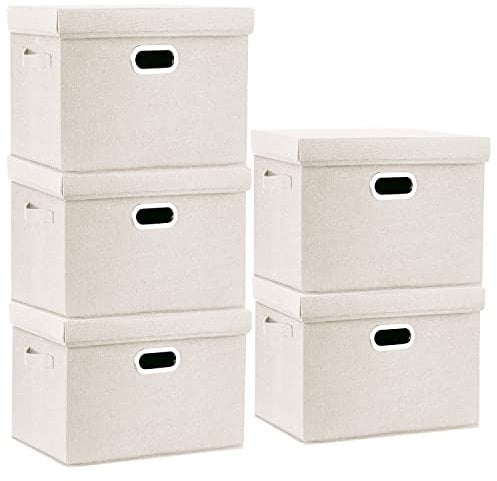 TYEERS Large Storage Box with Lid, Collapsible, Washable, Fabric Storage Box for Clothes, Wardrobe Storage, 44x30x29 cm, Set of 5, Beige