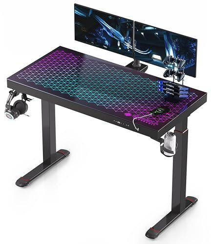 EUREKA ERGONOMIC Bureau Gaming LED Bureau Assis Debout Électrique 120x60cm à Double Moteur Bureau Gamer en Verre Réglable en Hauteur avec avec Panneau à Fonctions Mémoires