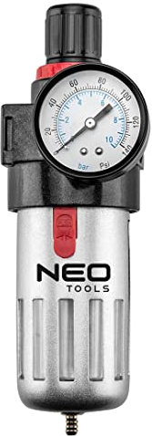 NEO TOOLS Entwässerungsfilter mit Druckminderer, Kupplung 1/2, Filterfeinheit > 20 µm, max. Arbeitsdruck 12 bar, max. Durchsatzleistung 2.600 l/min., Behältervolumen für Kondenswasser 60 cm3