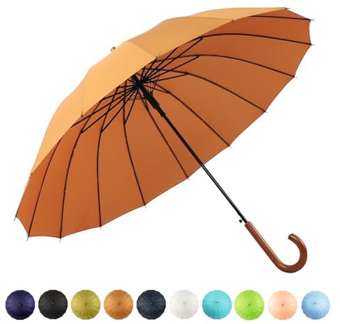 SoulRain 16 Rippen 121,9 cm Stockschirm, automatisch, einfarbig, modisch, bogenförmiger Holzgriff, winddicht, unzerbrechlich, Regenschirm (orange)