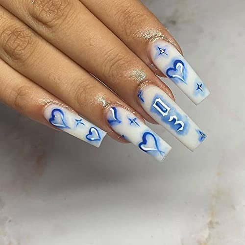 Luvadeyo 24 Pcs Valentine's Day Press on Nails Medium Length Fake Nails Acrylic French Blue Heart Letter Exquisite Luxury Design Fashion Romantic
