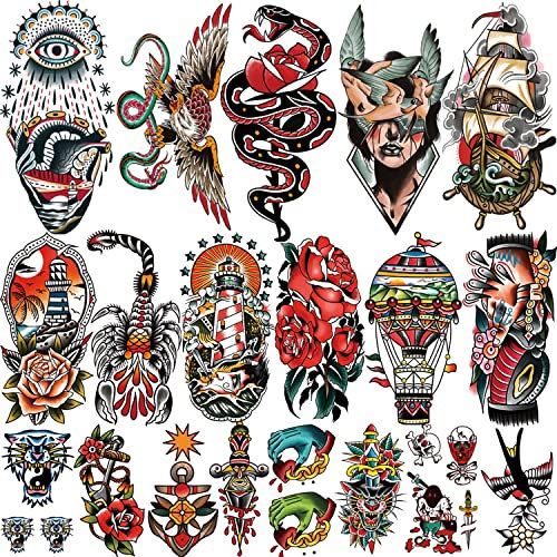 77 Blätter Klassische Temporäre Tattoos Old School Tattoos Aufkleber, Sailor Jerry Stil Vintage Design Fake Tattoo, Traditionelle Rose Arm Temporäre Tattoos für Frauen Männer Erwachsene Kinder