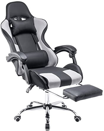 Panana Gaming Racing Desk Chair Adjustable Hight Swivel Chair with Lumbar and Head Pillow (Grey)