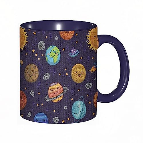 kaffeebecher Mug Fröhliche Kinderplaneten als Sonne Merkur Venus Erde Jupiter Mars mit außerirdischen Raumschiff,kaffeebecher porzellan, tasse Füllmenge 330 ml - sehr interessante bedruckte Teetassen