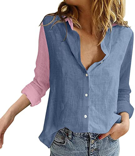 Damen-Hemden mit V-Ausschnitt, lässig, langärmlig, zum Aufrollen, lose, einfarbige Blusen, Oberteile Jagdbekleidung Damen Bluse (Dark Blue, XXL)