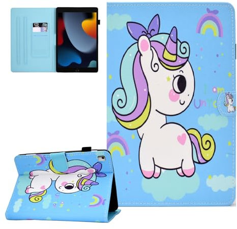CASAFUNY Hülle für iPad 10,2 Zoll 2021/2020/2019, ipad hülle 9.Gen/8.Gen/7.Gen, PU Leder Tablette Schützhülle Multi-Winkel Ständer Cover Case Auto Schlaf/Wach für iPad 10,2 Zoll, Regenbogen-Einhorn
