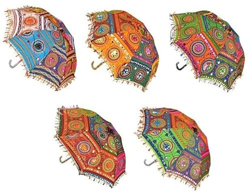 BML 5 Pcs Indian Handmade Designer Cotton Fashion Multi Colored Embroidery Boho Umbrellas | Mirror Work Vintage Parasols Umbrellas For Indian Wedding, Mehndi Party Decor 61 x 61 Cm
