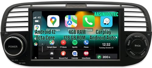 AASINUOZTEC Autoradio per FIAT 500 Stereo 2007-2015, 7 pollici IPS Touch Screen GPS Navigation Head Unit BT 5.0 Audio Receiver Wireless Carplay Android Auto, Android 12 Octa Core 4+64+64 (Built-in SD)