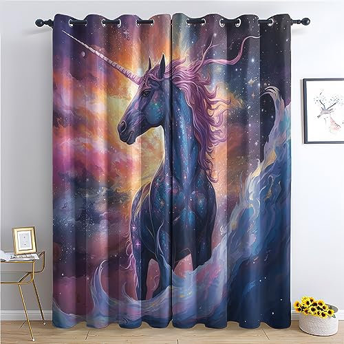 SZLYZM Pferde Vorhänge, Vorhänge Verdunklung Svorhänge mit Muster Fantasie, Vorhang Blickdicht mit Ösen, Gardinen für Wohnzimmer Schlafzimmer Kinderzimmer Deko 2er Set - 137x117 (H X B) (H1&-81)
