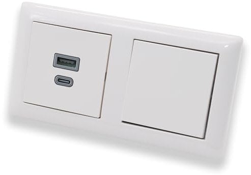EBROM USB-C und USB-A Unterputz Steckdose/Lader, 45+15 Watt Leistung – Schnellladefunktion für Wearables, Smartphones Tablets + Gira Kreuzschalter 010700 in System 55 reinweiß glänzend