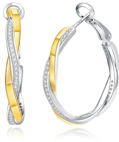 HEEYA Silber Ohrringe Creolen für Damen Sterling Silber 925 Creolen 14 Karat Gold/Weißgold Plattiert Twisted Creolen Ohrringe Gedrehte Creolen mit Zirkonia Klein Mittle Groß Creolen Hypoallergen