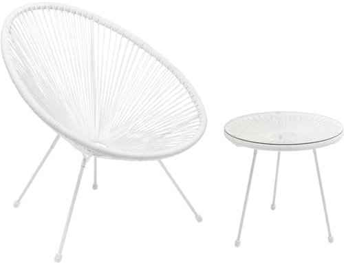 Kare Design Gartenmöbel Set Acapulco Mono, 2er Set, Weiß, Indoor und Outdoor Sitzgruppe im Retro-Design, Sessel mit Beistelltisch, Lounge-Möbel für Balkon, Terrasse, Weißes Stahlgestell, Glas