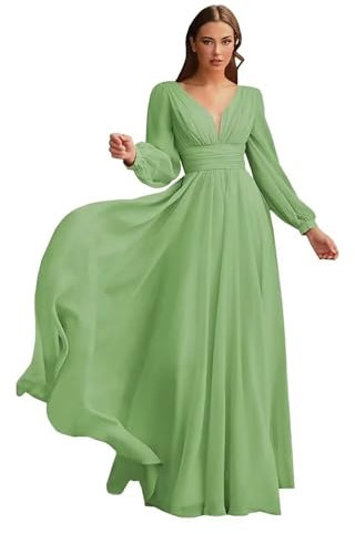 Sincemeet Robe de Demoiselle d'honneur en Mousseline à Manches Longues Robe Formelle trapèze à col en V avec Poche