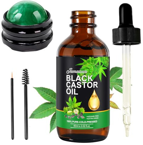 Natürliches Jamaikanisches Schwarzes Rizinusöl und Rollball für Manuelle Massage - Bio, Kaltgepresst, Stimuliert Haarwachstum, Körpermassage (Öl + Ball)