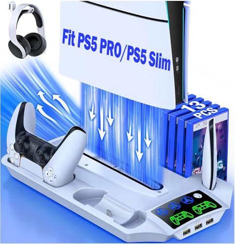 HELLCOOL PS5 Ständer mit PS5 Lüfter, PS5 Standfuß für PS5 Slim/PS5 Disc/Digital Edition Console, 13 Spiele Lagerung/PS5 Controller Ladestation/PS5 Fernbedienung Solt/3 USB Hub