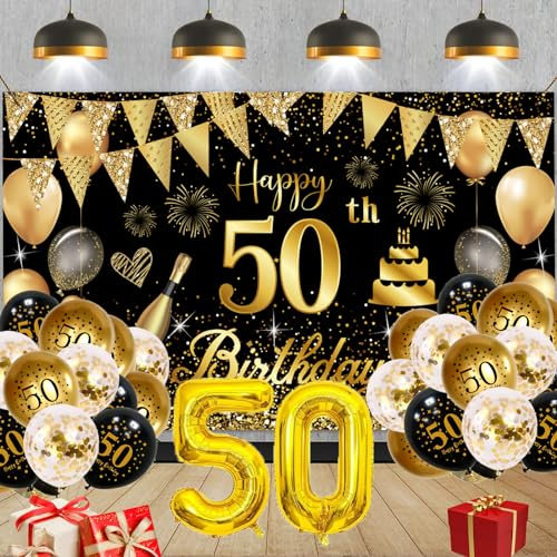 50 Geburtstag Deko, Deko 50 Geburtstag Frauen Mann, Groß Banner und Schwarz Gold, für Frau Mann Deko 50. Deburtstag