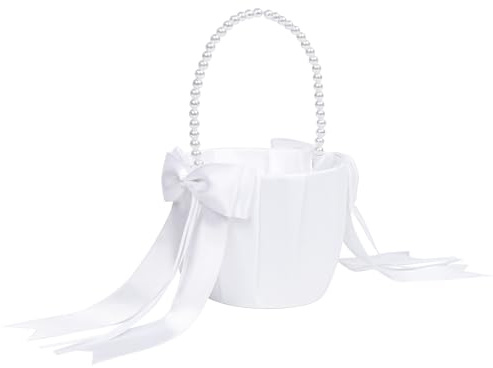 Nwvuop Hochzeitsstil Blumenmädchen Korb mit Perle Henkle, Satin Schleife weiß Blume Korb für Blumenmädchen