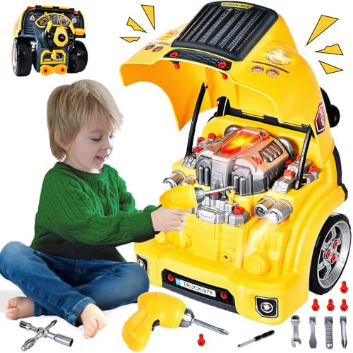 Herenear Auto Schrauben Kinder mit Bohrmaschine, Großer Traktor zum Schrauben Spielzeug Set mit Licht und Sound, Motorblock Reparatur-Funktionen, Lernspielzeug Geschenke Jungen Geburtstag 3-8 Jahre