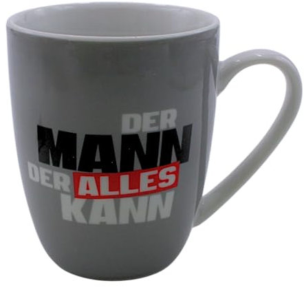 Kaffeebecher/Tasse aus Porzellan, Motiv: Der Mann der Alles kann. Größe H/Ø: 9,8 x 8,2 cm, Fassungsvermögen 250 ml, Spülmaschinengeeignet.