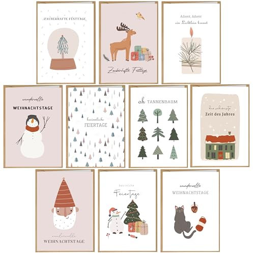BIROYAL Weihnachtskarten mit Umschlag Set 10 Stück - A6 Klappkarten Weihnachten - Karte Weihnachten - Christmas Card - Klappkarten Weihnachtsgrußkarten für Familie, Freunde