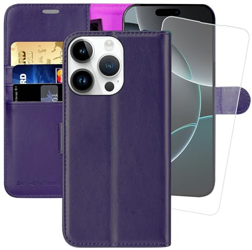 MONASAY for iPhone 16 Pro 5G Wallet Case,[Glass Screen Protector Included] [RFID Blocking] Flip Folio Leather Cell Phone Cover with Credit Card Holder, 6.3-inch, Purple