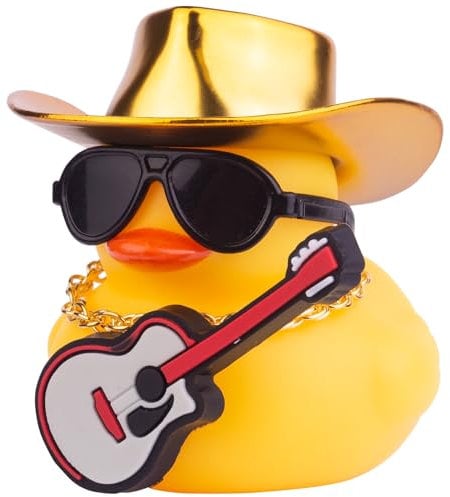 Mwmoeen Auto Gelbe Gummiente, Ente Armaturenbrett Dekoration mit Cowboyhut Halskette Sonnenbrille Mini Musikinstrument für Auto Armaturenbrett Dekorationen