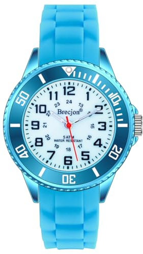 Brecjon Kinder Armbanduhr Jungen Mädchen Lernuhr Silikonuhr Kids 5ATM wasserdicht Leuchtzifferblatt hellblau 2202