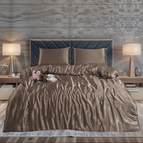 ZIMEL HOMES 2 piece-Satin Duvet Cover Set Soft bedding shiny silky bedding sets - duvet cover, 1 pillowcase (Mink, Single)