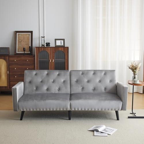 Adjustable Velvet 3-Seater Sofa Bed, 3 Seater Corner Sofa with Storage Pockets, Modern Nailhead-Trim & Button-tufted Recliner Couch with Removable Armrests for Living Room/Bedroom/Office. (Light Grey)