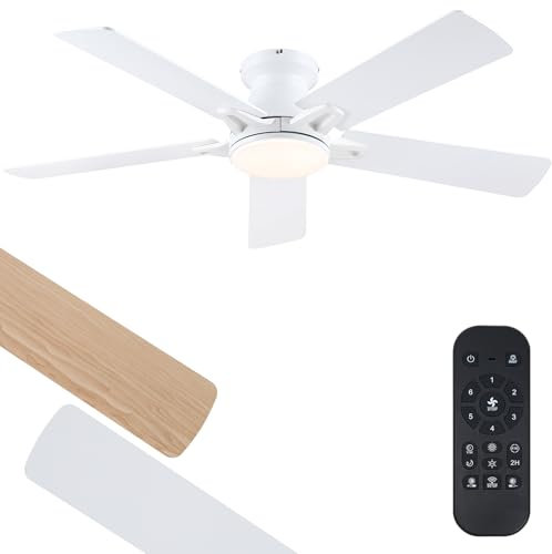 Ventilatore da soffitto bianco con luci, ventilatore da soffitto da incasso da 132 cm con telecomando e luce LED dimmerabile, ventilatore da soffitto moderno a basso profilo per cortili interni ed
