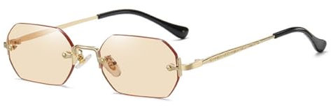 qinqilanqi-S Rahmenlose Achteckige Sonnenbrille | Metall Retro | UV400 | Etwa 20g Leichtgewicht Damen Herren(Gold/leichter Tee)